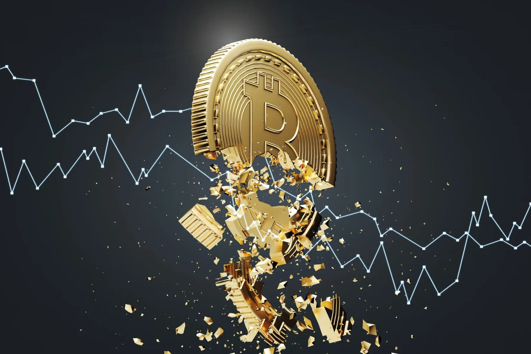 A gold bitcoin breaking apart in front of a falling price chart