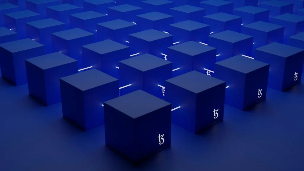 Connected blue blocks representing a blockchain network