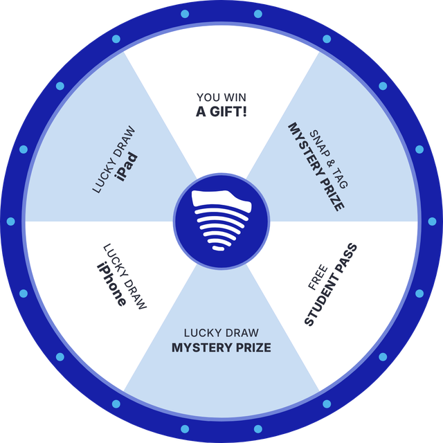 The WPS prize wheel with six slices: You Win a Gift, Snap and Tag Mystery Prize, Free Student Pass, Lucky Draw Mystery Prize, Lucky Draw iPhone and Lucky Draw iPad