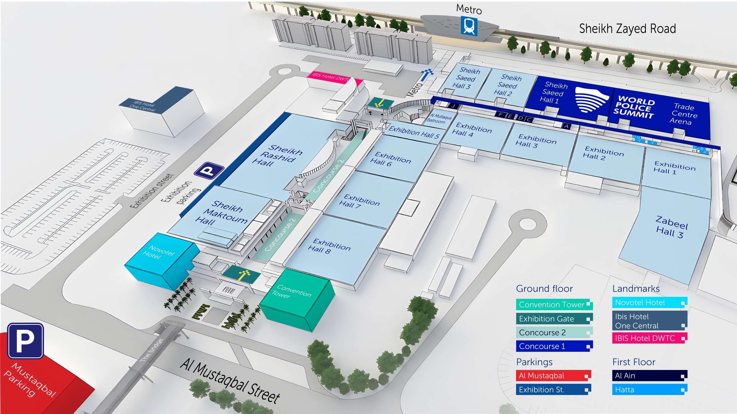 Map of Dubai World Trade Centre showing the World Police Summit halls